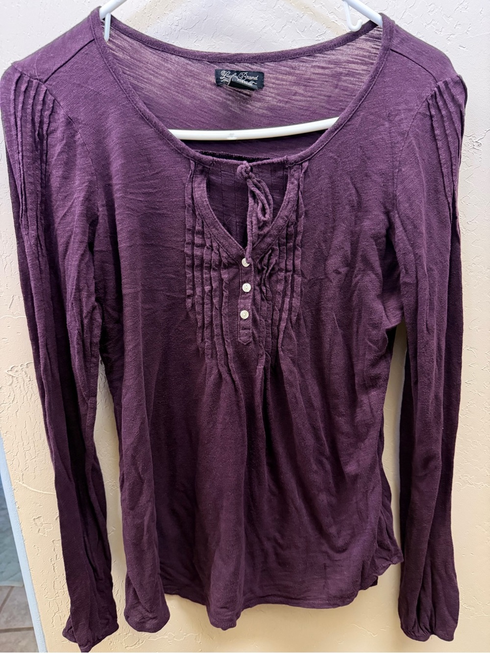 Lucky Brand Purple Plum Boho Pintuck Peasant Top Long Sleeve M